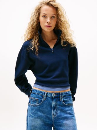 Tommy Jeans Sweatshirt TOMMY JEANS TJW BXY CRP 1/4 ZIP MOCK NECK, Damen, Gr. XL (42), blau (schwarz night navy), Sweatware, Obermaterial: 80% Baumwolle, 20% Polye