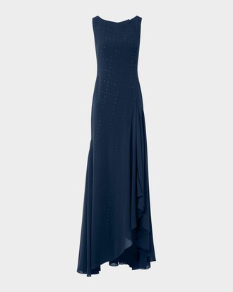 Akris Studded Sleeveless Asymmetric Flared Maxi Dress