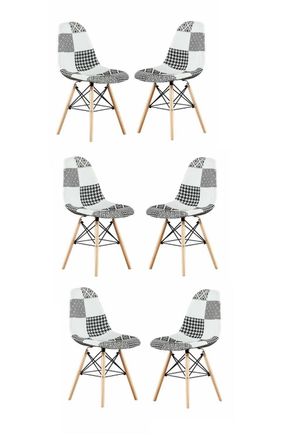Life Interiors Set of 6 Patchwork Modern Dining Chairs with Wooden Legs & Black Metal Wire Frame