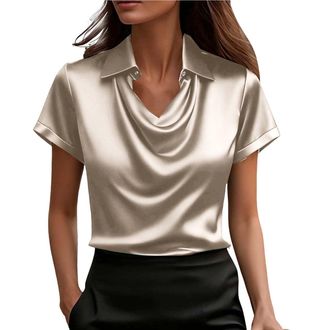 Generic Womens Cowl Neck Satin T Shirts Summer Short Sleeve Tops Elegant Dressy Work Office Blouse Business Casual Loose Lightweight Tee Shirts