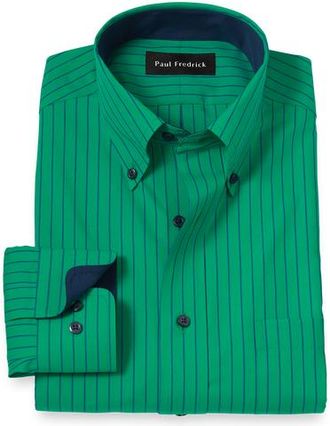 Paul Fredrick Cotton Buttondown Collar Broadcloth Slim Contrast Trim Button Cuff Long Sleeve in Green at Nordstrom, Size 17 X 32