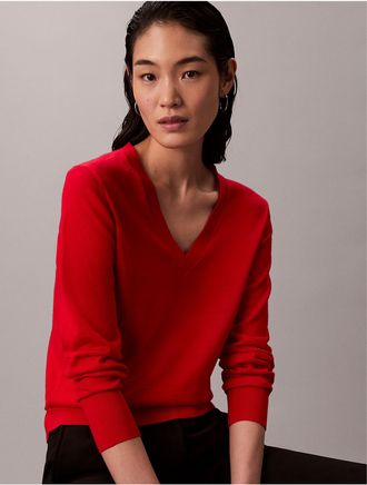Calvin Klein Womens Merino Wool V-Neck Sweater - Red - XS