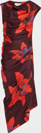 Alexander McQueen Lily-Print Draped Short-Sleeve Midi Dress