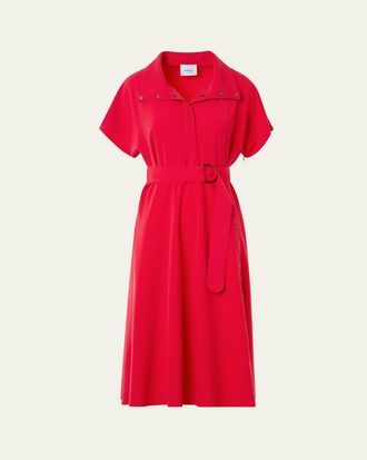 Akris Short-Sleeve Belted Snap-Slit Midi Shirtdress