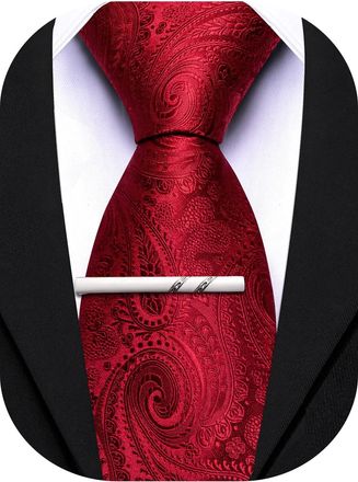 Barry.Wang Paisley Tie for Men Silk Woven Necktie and Tie Clip Set Wedding Party Business Formal, Dark Red, One Size