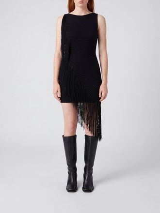 Alaia Asymmetrical Silk and Viscose Knit Midi Dress with Fringes