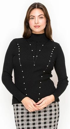 YAL New York Black Ribbed Knit Top with Pearl Beading