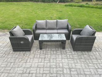 Fimous Outdoor Garden Furniture Sets 5 Seater Wicker Rattan Furniture Sofa Sets with Rectangular Coffee Table Reclining Chair in Dark Grey