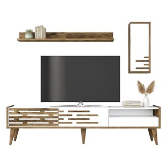 Dmora Dmora - Mueble De Televisi&oacute;n Alnilam, Aparador De Sal&oacute;n, Mueble Bajo Para Tv, Base De Pared Equipada, 180x45h35 Cm, Blanco Y Nogal, Con Embalaje Refor