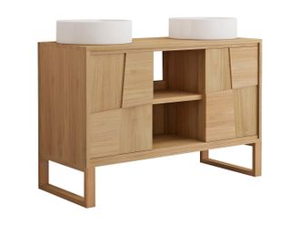 Vente-Unique Mueble de ba&ntilde;o con patas de teca con lavabo redondo de cer&aacute;mica sobre encimera - An. 120 cm - MATARAM