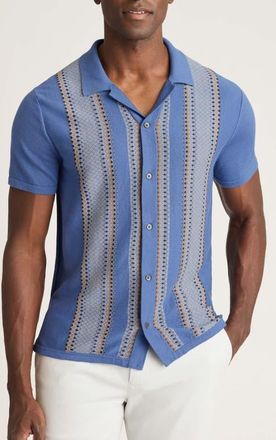 Bonobos Hudson Cabana Stripe Short Sleeve Cotton Button-Up Sweater in Steel Blue + Brown Diamonds at Nordstrom, Size Xx-Large