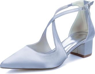Generic Wedding Bridal Dress Shoes Womens Pointed Toe Ankle Strap Block Heel Pumps Patent Leather Low Heels 4.5Cm,Silver,5 UK