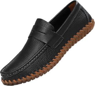 Generic Mens Large Size Leather Slip On Loafers Hand Stitched Casual Business Shoes Genuine Leather Comfort Flats Easy Wear Style for Work Office and Daily Us