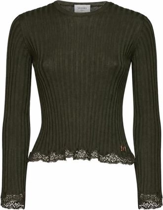 Saint Laurent Jersey de punto con ribete de encaje Cassandre - Knitwear - Mujer - Verde - M