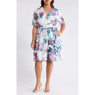Tahari by ASL Shadow Stripe & Floral Print Dress in Ivory Floral at Nordstrom, Size 16W
