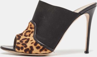 Gianvito Rossi Brown/black Leopard Print Calf Hair And Fabric Mules