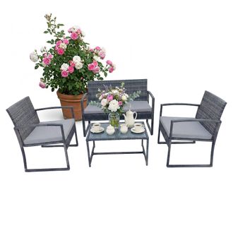 Relaxdays Relaxdays Set De Jard&iacute;n, 4 Pzas., Rat&aacute;n Sint&eacute;tico Para 4, Banco, 2 Sillas Y Mesa De Cristal, Lounge Exterior, Gris