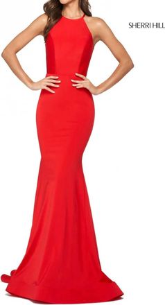 Sherri Hill Halter Jersey Open Back Ruched Gown Dress In Red