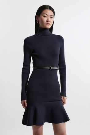 Karen Millen Roll Neck Belted Flippy Hem Mini Dress in Navy at Nordstrom, Size Medium