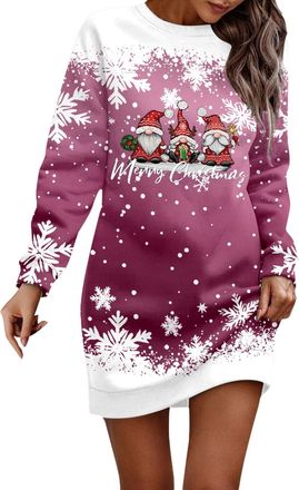 Generic Christmas Dress for Women Funny Christmas Jumper Womens Long Sweat Dress with Reindeer Pattern Pullover Dress Round Neck Long Sleeve Pullover Clothing