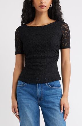 Open Edit Short Sleeve Lace Top in Black at Nordstrom, Size Xx-Small