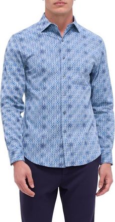 Bugatchi Axel Shaped Fit Stretch Cotton Button-Up Shirt in Dusty Blue at Nordstrom, Size Xxx-Large