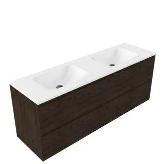 Saniclass Holz Pure Badkamermeubelset - 160x45x77.5cm - Torino solid surface wastafel wit - zonder kraangat - 4 lades - mat eiken charcoal (hout)