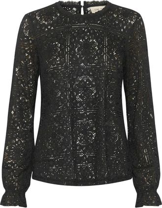Cream Zwarte kanten blouse met pofmouwen - Dames - Blouses - Zwart - S - Overhemden