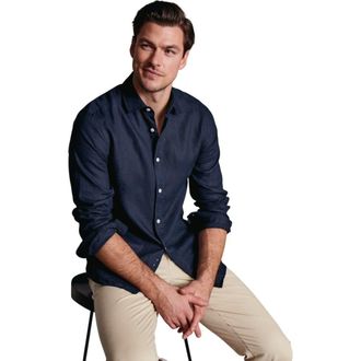 CHARLES TYRWHITT Plain Pure Linen Shirt in Navy at Nordstrom, Size Xx-Large