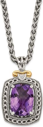 Diamond2Deal Sterling Silver with 14K Accent Cushion Amethyst and Diamond Pendant Necklace