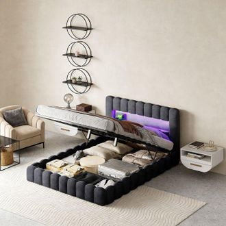 OEM Cama Lit 160x200 Cm Con Hidr&aacute;ulico, Pocketpop, Cama 160x200 Cm Con Somier De Lamas, Cama Doble, Cama Tapizada, Lino, Gris