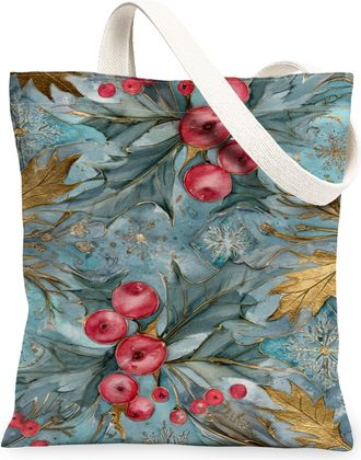 Generic Winter Berry Canvas Tote Bags, Floral Design Reusable Grocery Bags, Vintage Lightweight Washable Shoulder Strap Canvas for, Blue, 13x15 Inch