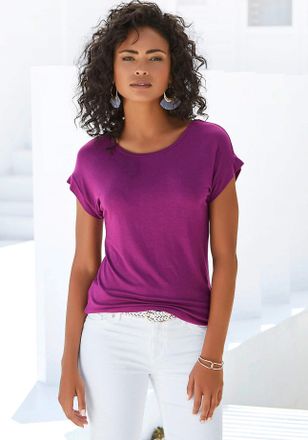 Vivance Kurzarmshirt VIVANCE mit Gummizug im Bund, Damen, Gr. 32/34, lila, Obermaterial: 95% Viskose, 5% Elasthan, unifarben, Basic, bequem normal, Rundhals, 