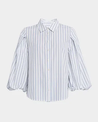 Tanya Taylor Marina Stripe Blouson-Sleeve Shirt