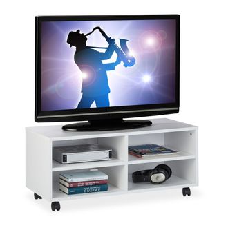 Relaxdays Relaxdays - Mueble Tv Ruedas Con 4 Compartimentos, Mesa Televisi&oacute;n Sal&oacute;n, Tablero De Part&iacute;culas, 35 X 80 X 35 Cm, Blanco