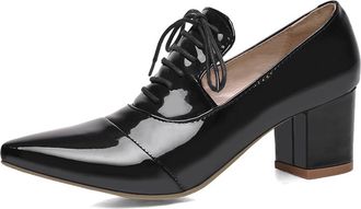 Generic MiaZane Womens Pointed Toe Lace-Up Block Heel Pumps Patent Leather for Office & Evening Wear Mid Heel Oxford Style PU Soft Lining Comfortable Fit,Blac