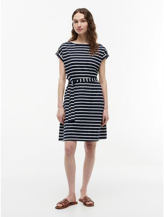 Tommy Hilfiger Womens Striped Belted Stretch-Cotton Dress - Navy - XXL
