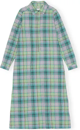 Ganni Green Seersucker Check Shirt Dress - Size Petite Organic Cotton