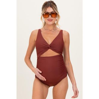 Pinkblush Ruched Sides Front Cutout One Piece Swimsuit in Brown at Nordstrom, Size X-Large
