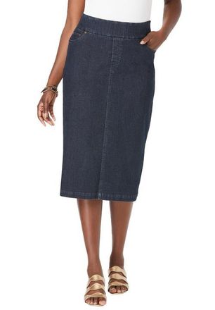 Jessica London Comfort Waist Stretch Denim Midi Skirt in Indigo at Nordstrom, Size 24