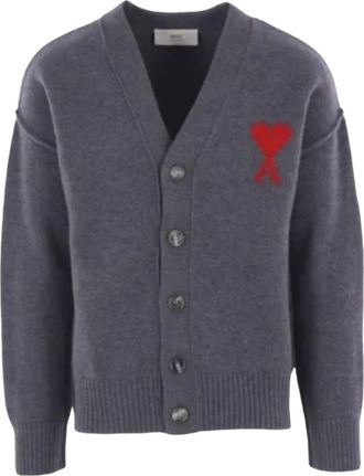 Ami Big Heart Logo Felt Merino Wool Cardigan Heather Grey UKC367-018-084