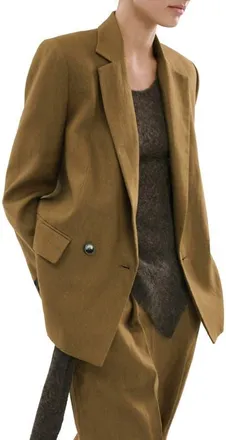 Mango Double Breasted Linen Blazer in Olive Green at Nordstrom, Size X-Small