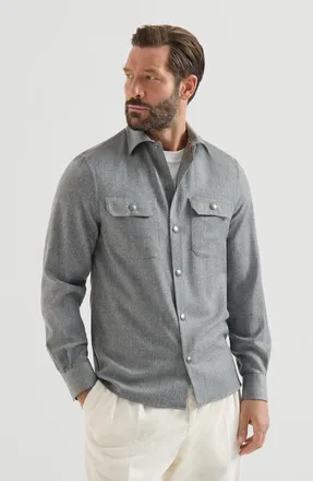 Brunello Cucinelli Virgin wool flannel overshirt with spread collar and chest pockets in Grey at Nordstrom, Size Xxx-Large