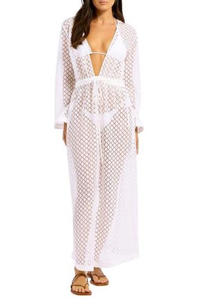 Seafolly Tie Belt Long Sleeve Sheer Lace Cover-Up Dress in White at Nordstrom, Size X-Large