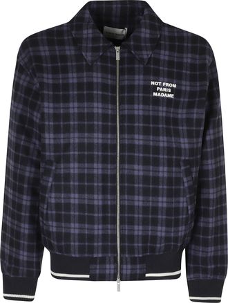 Dr&ocirc;le de Monsieur Blue Checkered Flannel Slogan Wool Bomber Jacket