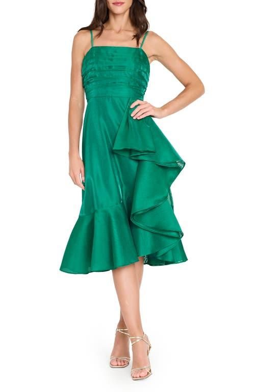 Tahari by ASL Pleated Ruffle Satin Cocktail Dress in Dark Green at