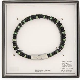 Nordstrom Rack Mens Faux Leather & Beaded Double Strand Bracelet in Black- Green- Stainless at Nordstrom Rack