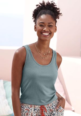 Lascana Pyjamaoberteil LASCANA, Damen, Gr. 40/42, blau (rauchblau), Rippstrick, Obermaterial: 63% Polyester, 33% Viskose, 4% Elasthan, unifarben, figurbetont 