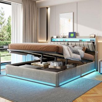OEM Lit Coffre - Pocketpop - 140x200 Cm - Terciopelo Gris - Hidr&aacute;ulico, Cabecero Led Y Usb