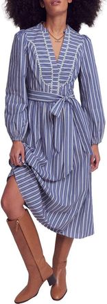 Boden Lace Trim Stripe Long Sleeve Cotton Dress in Surf The Web Stripe at Nordstrom, Size 10